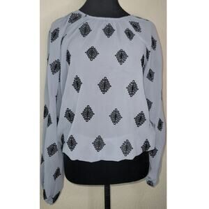 Love and Promises Light Blue Sheer Long Sleeve Blouse Black Embroidery Sz Small